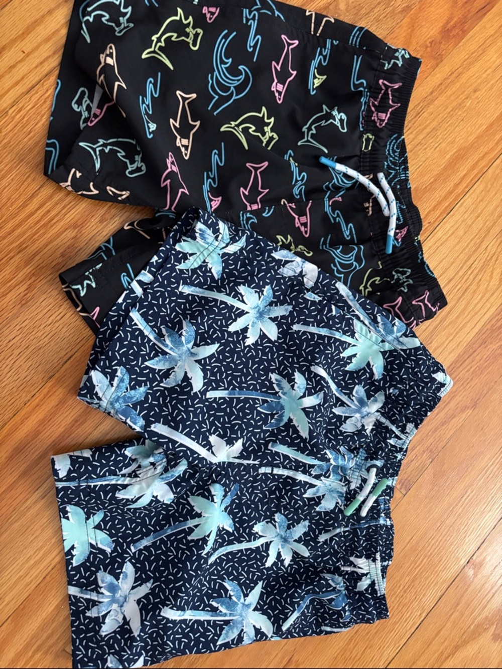 Boys Tropical Palm & Neon Shark Swim Trunks - Navy/Multi